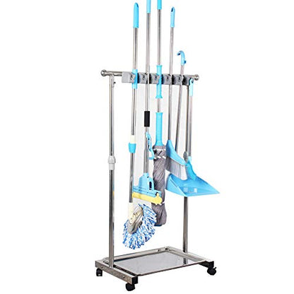movable mop broom holder put wet mops floor standing cleaning tool rack stainless for schools, hospitals, factories, hotels, restaurant, etc. - size: 5slots