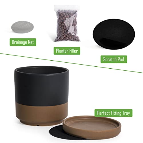 D'vine Dev Set of 2 Plants Pots, 6 Inch Ceramic Planter Pot for Plants with Drainage Hole and Saucer, White-Grey/Black-Tan, 94-V-C-C - color: White Grey/Black Tan, size: 6 Inch