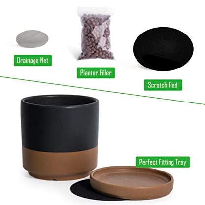 D'vine Dev Set of 2 Plants Pots, 6 Inch Ceramic Planter Pot for Plants with Drainage Hole and Saucer, White-Grey/Black-Tan, 94-V-C-C - color: White Grey/Black Tan, size: 6 Inch