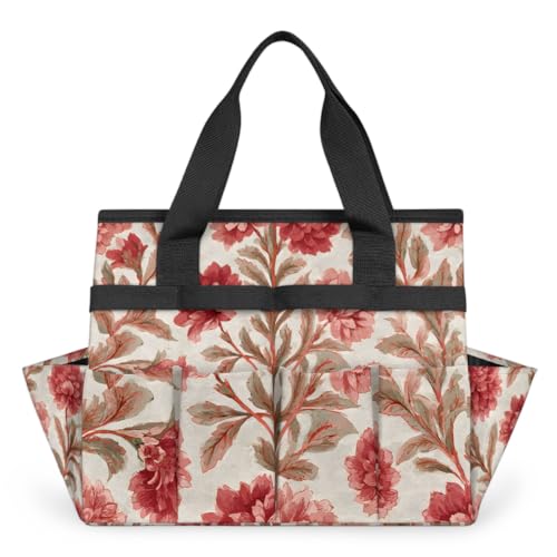 Garden Tote Bag with 10 Pockets Vintage Flowers Heavy Duty Gardening Bags for Tools Organizer Storage Bag with Handle for Garden Lawn Yard Casual - color: Folwer-1