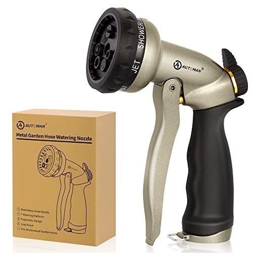 AUTOMAN Garden Hose Nozzle - 7 Patterns Sprayer, 100% Metal High Pressure Spray Nozzle, Labor-Saving Design, Heavy Duty Water Hose Nozzle for Garden Watering, Car Washing, Window Cleaning,Pets Bathing - color: Metalic Sand