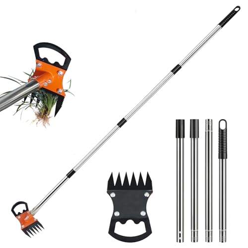 Weed Puller Tool with Long Handle, 59" Manual Weeder Remover Tool, 2 in 1 Hand Weed Rake and Garden Hoe for Gardening, Lawns, Yards