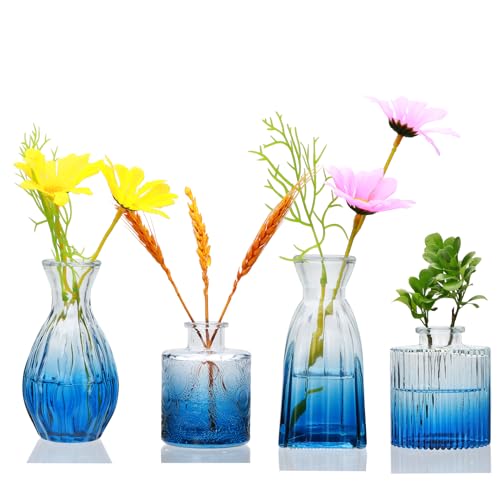 Glass Bud Vases 4 Pack, Small Deepblue Flower Vases for Wedding Centerpiece - color: Deepblue