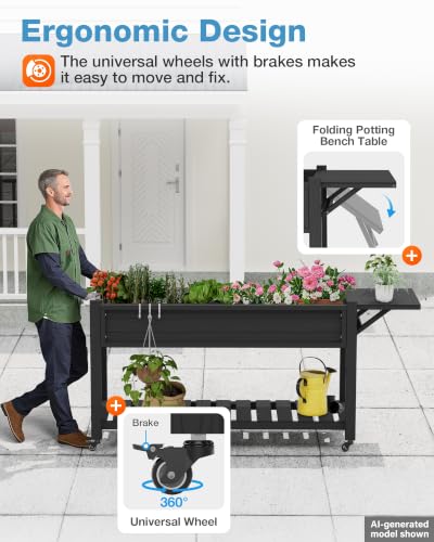 YEFU Raised Garden Bed with Legs, HIPS, Waterproof, 57x18x30in, 2pcs, Black - color: Black, size: All-in-One Rolling Planter(2PCS)