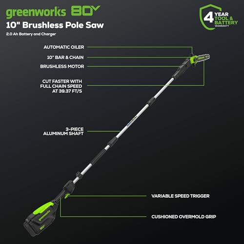Greenworks 80V 10 in Electric Pole Saw, 2.0 Ah Battery and Charger - size: 80V 10" Brushless Gen 2 (2.0Ah)