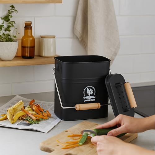 Relaxdays Kitchen Compost Bin, 3.5 litres, Iron & Wood, 2 Charcoal Odour Filters, Lid & Handle, Food Waste Caddy, Black - color: Black
