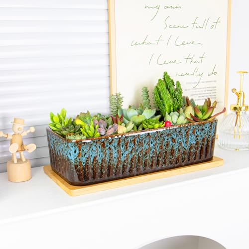 Succulent Pots, 12'' Long Rectangle Planters with Tray, Windowsill Planter - color: Blue