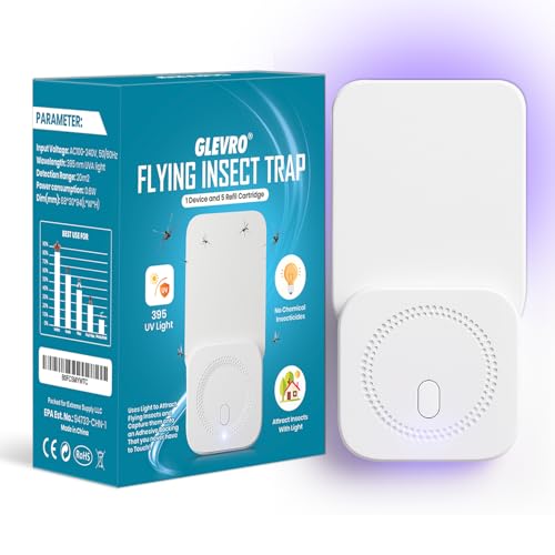 Glevro® 1 Fruit Fly Traps for Indoors & 5 Adhesive Cartridges - Plug in Fly Trap Indoors - Gnat Traps – Bug Light Trap Indoor – Flying Insect Traps Indoor - style: 1 Device & 5 Refill