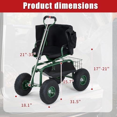 Rolling Garden Cart with Seat, Garden Workseat with 360-Degree Swivel - color: Green+backrest