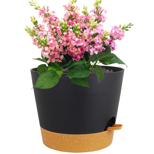 Meowell 12 inch Large Self Watering Pot for Indoor Outdoor Plants - color: Black With Brown, size: 12inch A