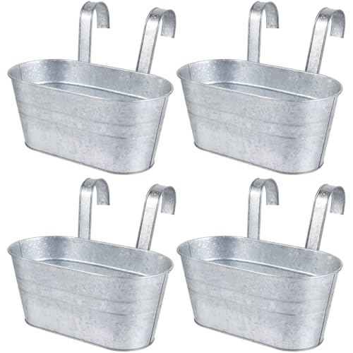 OBTANIM 4 Pack Metal Hanging Flower Pots Iron Railing Planter Outdoor Fence Hanging Pots Bucket Plant Holder with Detachable Hooks Drain Holes for Home Garden Yard Decor (Silvery) - color: Silvery