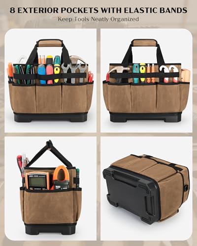 Marscamd Waxed Canvas Tool Bag with Hard Bottom and 8 Pockets - color: Khaki