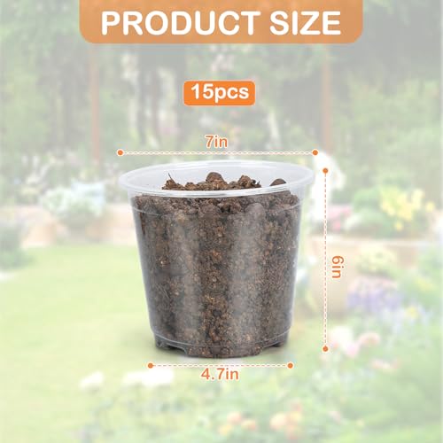 15 Pack Clear Nursery Pots with Drainage Holes, 7 Inch Seed Starting Plastic Plant Pots, Transparent Variety Pack Flexible Garden Pot for Outdoor Indoor (Clear, 7 Inch) - size: 7 Inch