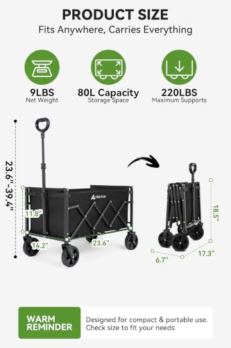Hikenture Collapsible Wagon Cart with Wheels, 220 lbs Foldable Wagon