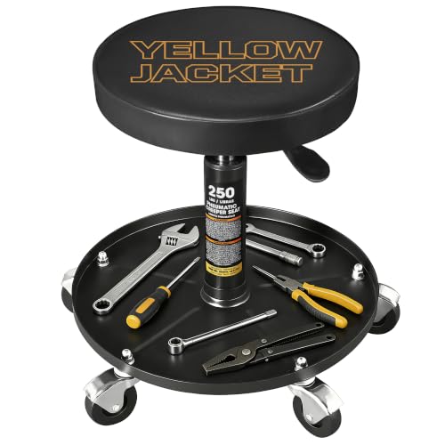 YELLOW JACKET Pneumatic Rolling Mechanic Stool with Wheels 250lb Capacity Adjustable Height Garage Shop Seat with Tool Tray for Auto Repair Workshop - color: Black