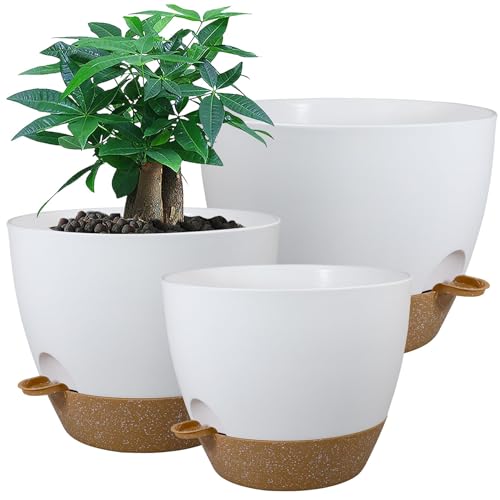 UOUZ Large Self Watering Pots, 12/10/9 Plastic Planters with High Drainage Holes and Deep Reservoir for Indoor Outdoor Garden Plants and Flowers, White with Brown - color: White With Brown