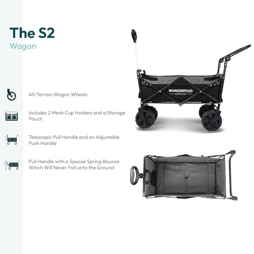 WONDERFOLD S2 Push & Pull Folding Utility Cart with Wide Beach Tires, Adjustable Push Handle, Telescopic Pull Handle with Spring Bounce Technology & Storage Pouch, Black/Gray - color: Black/Gray.