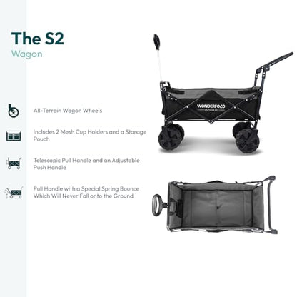 WONDERFOLD S2 Push & Pull Folding Utility Cart with Wide Beach Tires, Adjustable Push Handle, Telescopic Pull Handle with Spring Bounce Technology & Storage Pouch, Black/Gray - color: Black/Gray.