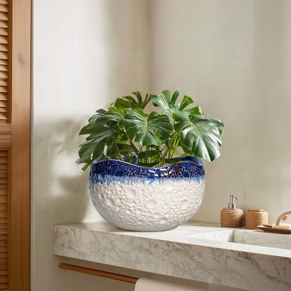 Ceramic Flower Pots, 10 Inch Planter with Drainage, Beige-Blue - color: Beige-blue, size: 10.5 Inch