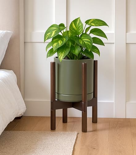 D'vine Dev Ceramic Pot with Walnut Wood Stand, Olive, 8 in, 55-B-Y-J - color: Olive Pot + Walnut Color Stand, size: 8 Inch
