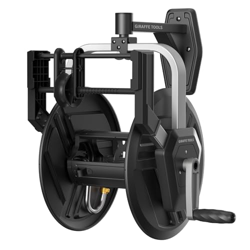 Giraffe Tools Garden Hose Reel Wall Mount, 125FT 5/8" Hose Capacity, Heavy Duty Water Hose Reel, Hose Guide Pre-Installed with Crank, 210° Swivel, for Yard Lawn Garage