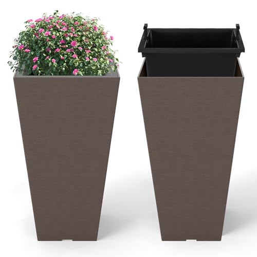 GIANTEX 22.5'' Square Taper Planter Set 2, Self-Watering Flower Pots, Brown - color: Brown, size: 11.5''x11.5''x22.5''
