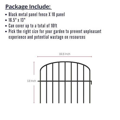 ShopLaLa Garden Fence Border (10 Panels) 13in(L) x 16.5in(H) Decorative Metal Wire Animal Barrier Fencing, Rustproof Flower Edging for Landscape Patio Outdoor Decor, Dog Gates and Border Black M-L16.5 - color: Black x 10