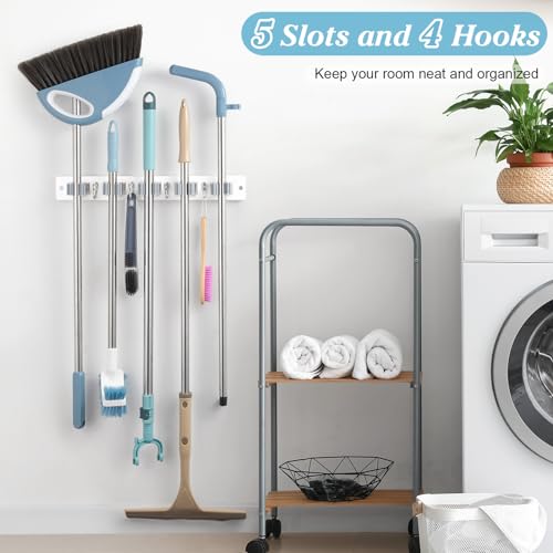 White Broom Holder Wall Mount - Heavy Duty Wood Mop and Broom Organizer with 5 Slots & 4 Hooks - Garden Tool Hanger for Laundry Room Closet Kitchen Garage Storage and Organization - Modern Home Decor - color: White-5 Slots