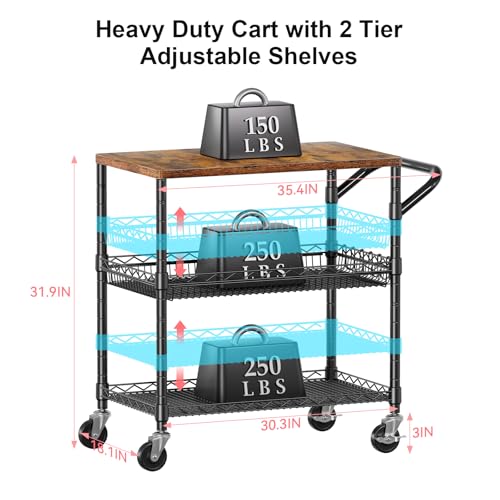 WDT 3 Tier Rolling Carts with Wheels, Heavy Duty Rolling Utility Cart with Wood Tabletop, Commercial Grade Metal Cart with Handle and Hooks, NSF Storage Serving Carts for Kitchen Island, Wood+Metal - color: Wood+metal-3 Tier