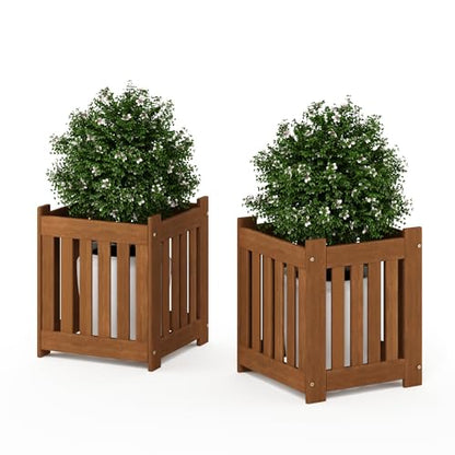 Furinno TIOMAN Planter Box Set of 2, Hardwood Flower Box, Cube Garden Box, in Teak Oil, Outdoor Indoor, Garden, Patio, Balcony, Light Wood - size: Set of 2, 16 x 16 x 18.3