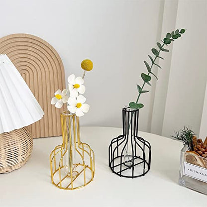 IvyMei Luxurious Nordic Gold Black Table Flower Vase Metal Frame Glass Tube - color: Gold Black