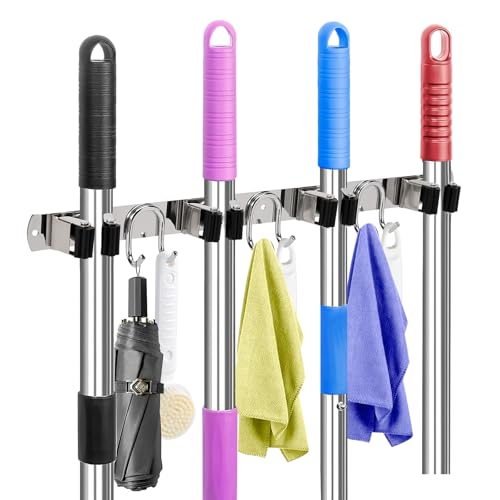 Mop Broom Holder Wall Mount, Silver Stainless Steel Tool Storage Organizer for Kitchen Garden Garage Laundry Room Bathroom and RV with 4 Slots 6 Hooks - color: Silver-1 Pack
