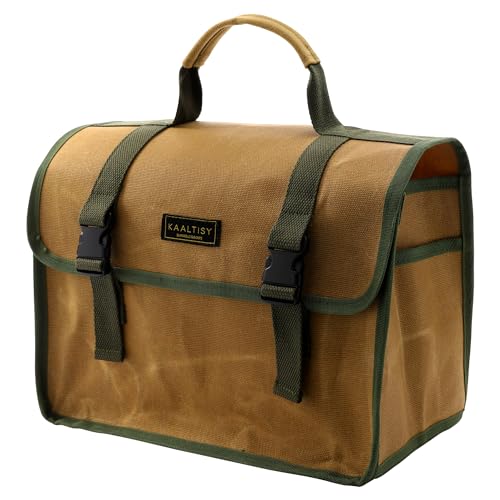 Tool Bag, Heavy Duty 16oz Waxed Canvas Tool Carrier, Multi-Purpose Tote Bag with 1 Large Capacity & 2 Side Pockets, Portable Tool Storage for Wrenches Chisels Scissors Hammer - Khaki - color: Khaki