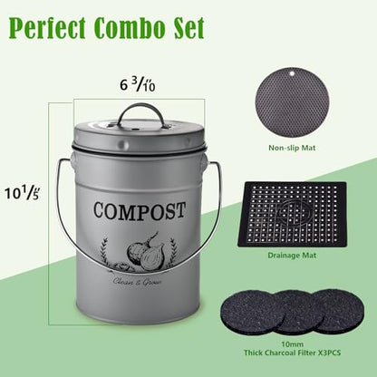 AOSION 1 Gallon Countertop Compost Bin for Kitchen with Lid,Odor Resistant - color: Grey(Non-Slip Mat & Drainage Mat)