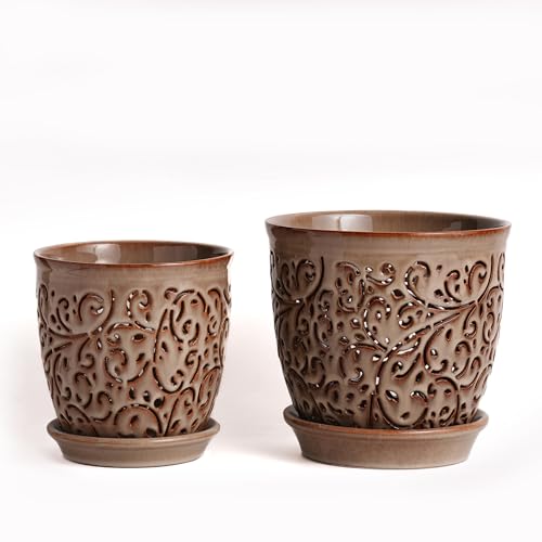 Orchid Pots with Holes, Ceramic Planter Flower Pot for Orchids Indoor Outdoor with Drainage and Saucer, Macetas para Orquídeas,Large 6.5 Inch, 5.3 Inch (Yellow) - color: Brown