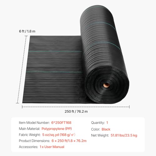 VEVOR 6x250FT 5oz Weed Barrier Fabric Heavy Duty, Landscape Fabric, Weed Blocker Fabric, Garden Weed Mat Lawn Fabric, Weed Control Fabric, Driveway Fabric, Ground Cover, Woven Landscape Cloth, Black - size: 6FT*250FT-5oz