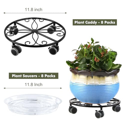 Planterhoma 8 Pack Plant Caddy with Wheels & Saucers, 11.8" Heavy Duty Metal Rolling Plant Stand, Plant Dolly with Lockable Casters, Rustproof Iron Planter Mover for Indoor Outdoor, Black - size: 11.8 Inches - 8 Pack