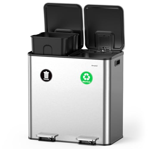 Lovewind 2×11.5 Gallon Dual Trash Can, Stainless Steel Dual Garbage and Recycling Can with Foot Pedal, 90° Stay-Open Lid, Pet-Proof Design – Large Dual Compartment Trash Recycling Bins Kitchen, Silver - color: Silver, size: 23 Gallon
