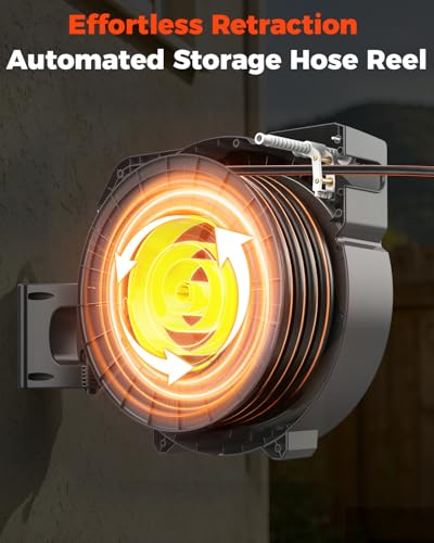 5/8 Inch 90FT Retractable Garden Hose Reel, Automatic Slow Return & Any Length Lock, Wall Mounted Heavy Duty Hose Reels for Outside with 9 Spray Nozzle, 180° Swivel UV Resistant - size: 5/8 inch 90ft