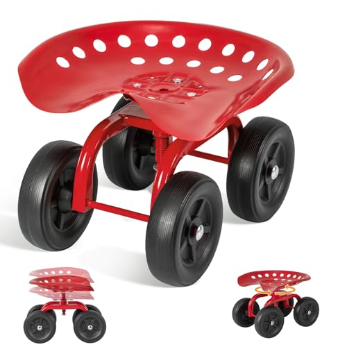 ERGOMASTER Garden Seat with Wheels, Adjustable Height & 360° Swivel, Iron Frame, Red - color: Red