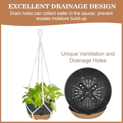 3 Pack Hanging Planters Set, 10inch Self-Watering Hanging Plant Pot, Macrame Plant Hanger with Pot, Chains, S & Ceiling Hooks, Removable Saucer and Drainage Holes for Indoor, Outdoor Plants - Black - color: Black