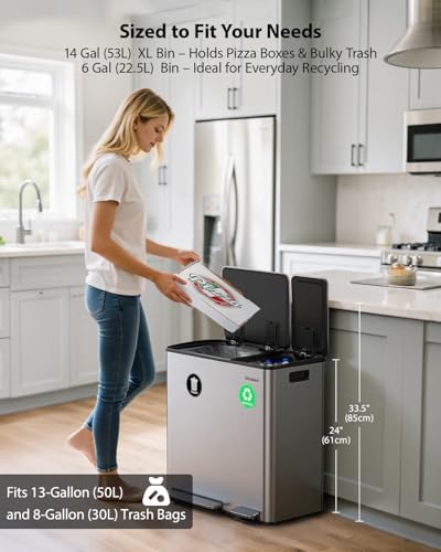 Lovewind Dual Trash Can, 14 + 6 Gallon Garbage Can for Kitchen Dual Compartment Recycling Kitchen Step Trash Bin, Stainless Steel Trash and Recycle Bin Combo with Soft-Close Lid, Silver - color: Silver, size: 14 + 6 Gallon