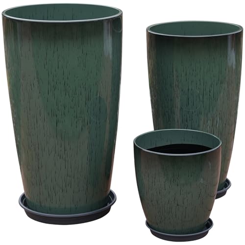 24,21,11 Inch Large Plastic Planters with Drainage Hole and Saucer - Set of 3 Tall Plant Pots Indoor Flower Pot Tall Round Planters Outdoor Large Tall Planter - color: Dark Green