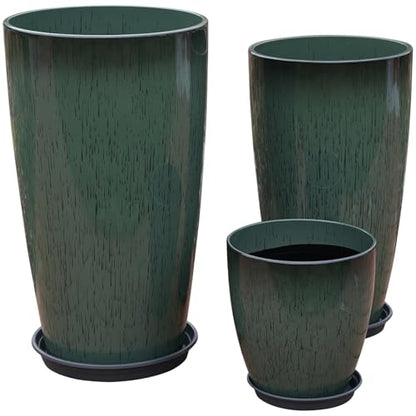 24,21,11 Inch Large Plastic Planters with Drainage Hole and Saucer - Set of 3 Tall Plant Pots Indoor Flower Pot Tall Round Planters Outdoor Large Tall Planter - color: Dark Green