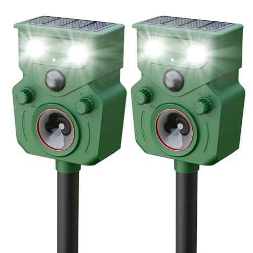 Solar Ultrasonic Animal Repellent Solar Cat Repeller Outdoor Motion Activated Deer Repellent Device 2 Packs Waterproof Humane Dog Fox Squirrel Deterrent for Garden Yard Farm