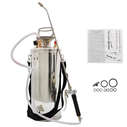 2 Gallon Stainless Steel Sprayer 20" Wand and 3FT Reinforced Hose Hand Pump Sprayer with Pressure Gauge Safety Valve with Adjustable Nozzle Weed Sprayers for Lawn Gardening