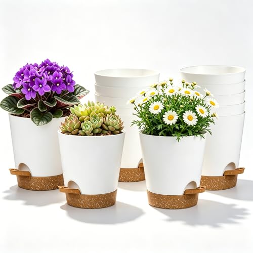 12 Pack 4 Inch African Violet Pots Self Watering, Self-Watering Planters with Drainage Holes & Reservoir, White Brown Plastic Pots for Indoor Outdoor Plants, Succulents & Flowers - color: White Brown, size: 4 inch 12pcs