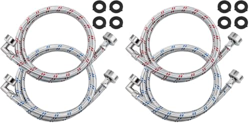 【UPGRADED】4FT Stainless Steel Washer Hoses with 90 Degree Elbows by Beaquicy - 4 Pack No-Lead Burst Proof Hot & Cold Water Connection Inlet Washer Supply Lines - size: 4 Feet (Pack of 2)