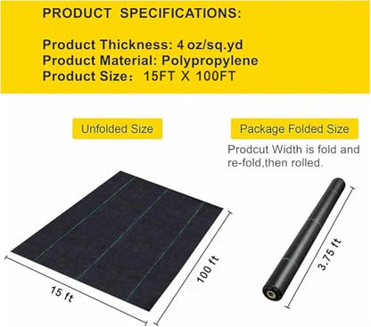 Driveway Fabric,15FTx100FT Weed Barrier Landscape Fabric Heavy Duty - size: 15X100FT