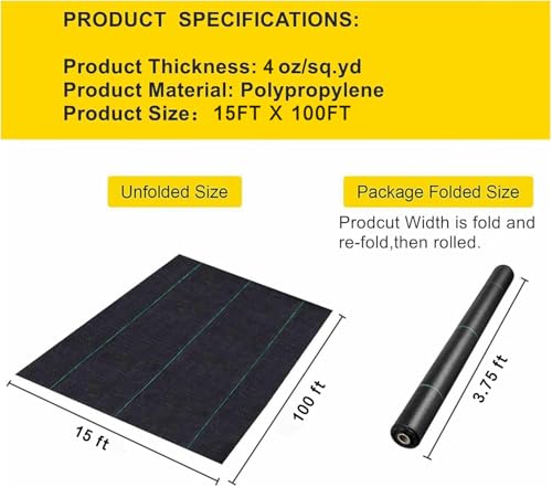Driveway Fabric,15FTx100FT Weed Barrier Landscape Fabric Heavy Duty - size: 15X100FT